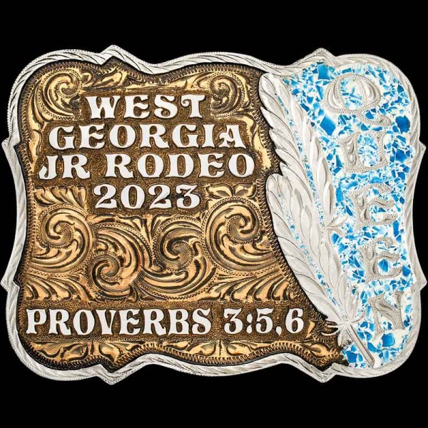 Feel the spirit of the West with our unique Gunnison Turquoise Buckle! A unique customizable buckle with 2D feathers!